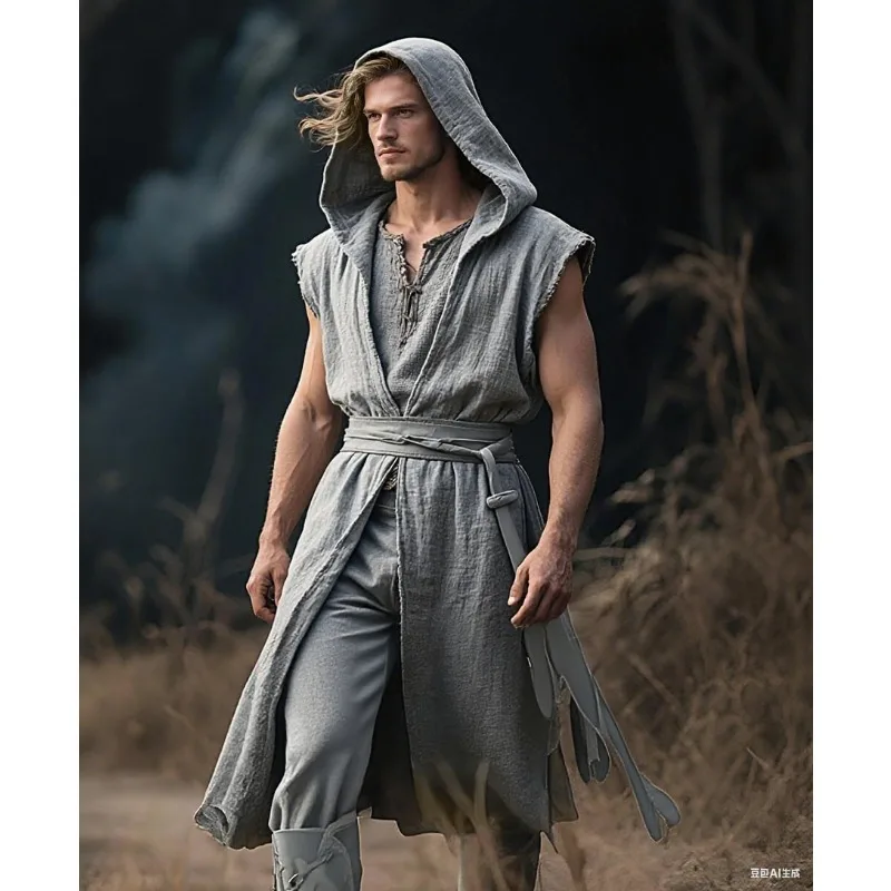 1 pz tunica medievale senza maniche da uomo rinascimentale mantello corto costume cosplay di Halloween abito con cappuccio