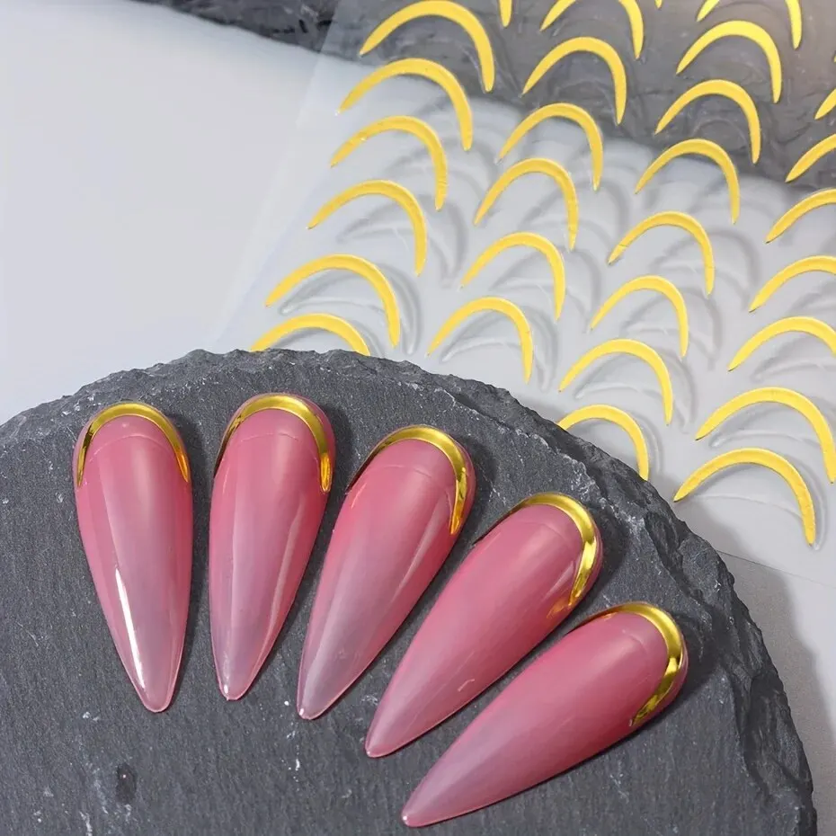 3D Simple French Tips Nail Stickers Silver Gold Metal Stripe Line Swirl Decals Curve Gel Nails Art Sliders Polish Manicure Decor