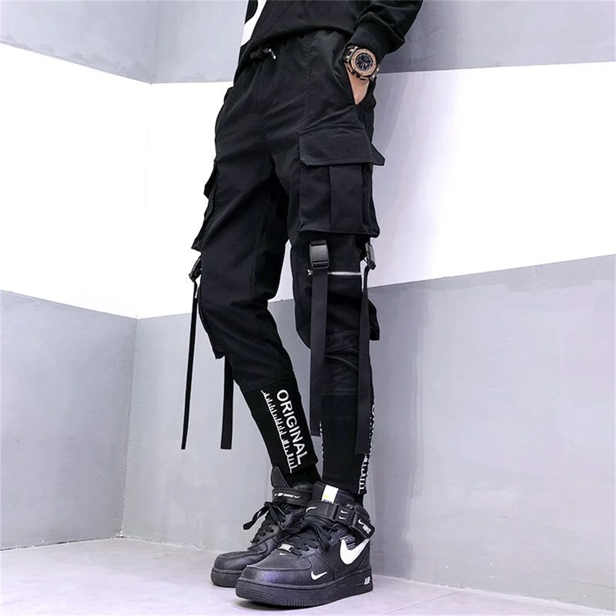 Men\'s Cargo Pants Casual Hip Hop Hit Color Multiple Pockets Trousers Streetwear Ribbons Techwear Sweatpants Boys