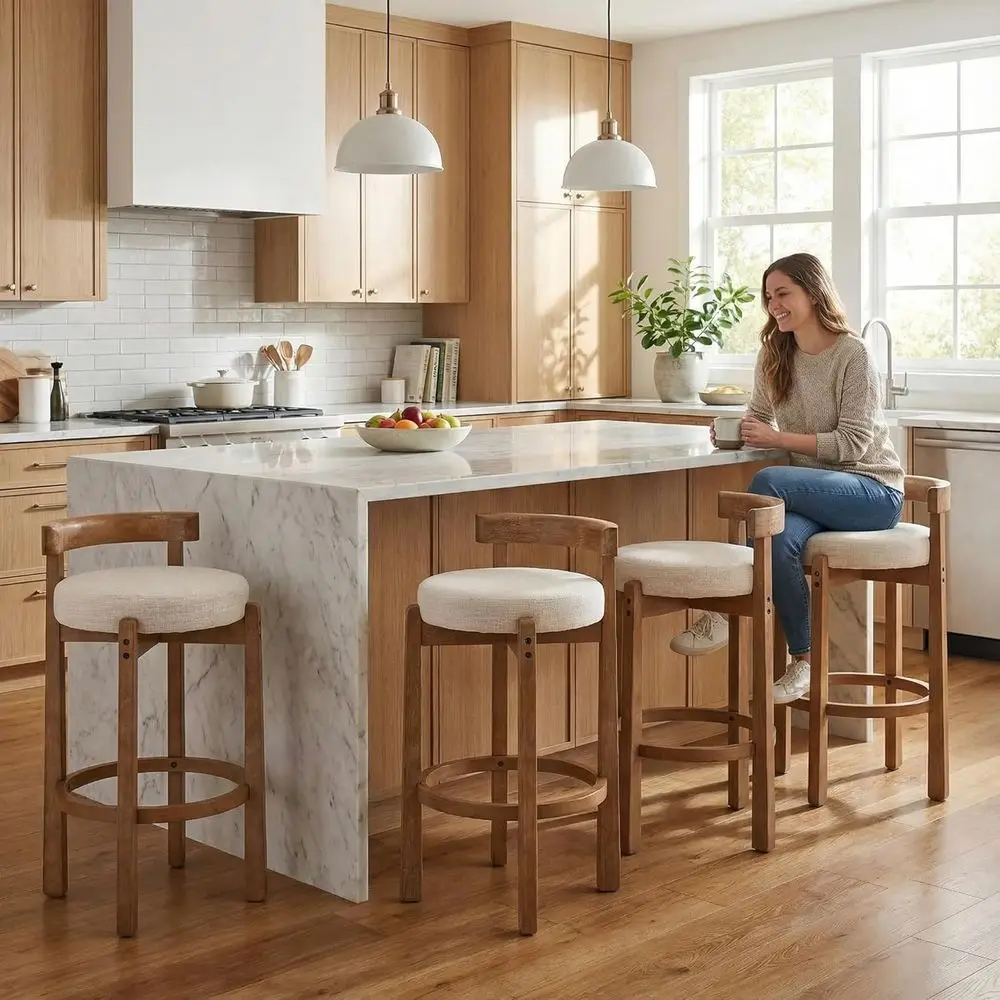 

Set of 4 Upholstered Bar Stools, 30.25 Seat Height, Curved Back, Beige