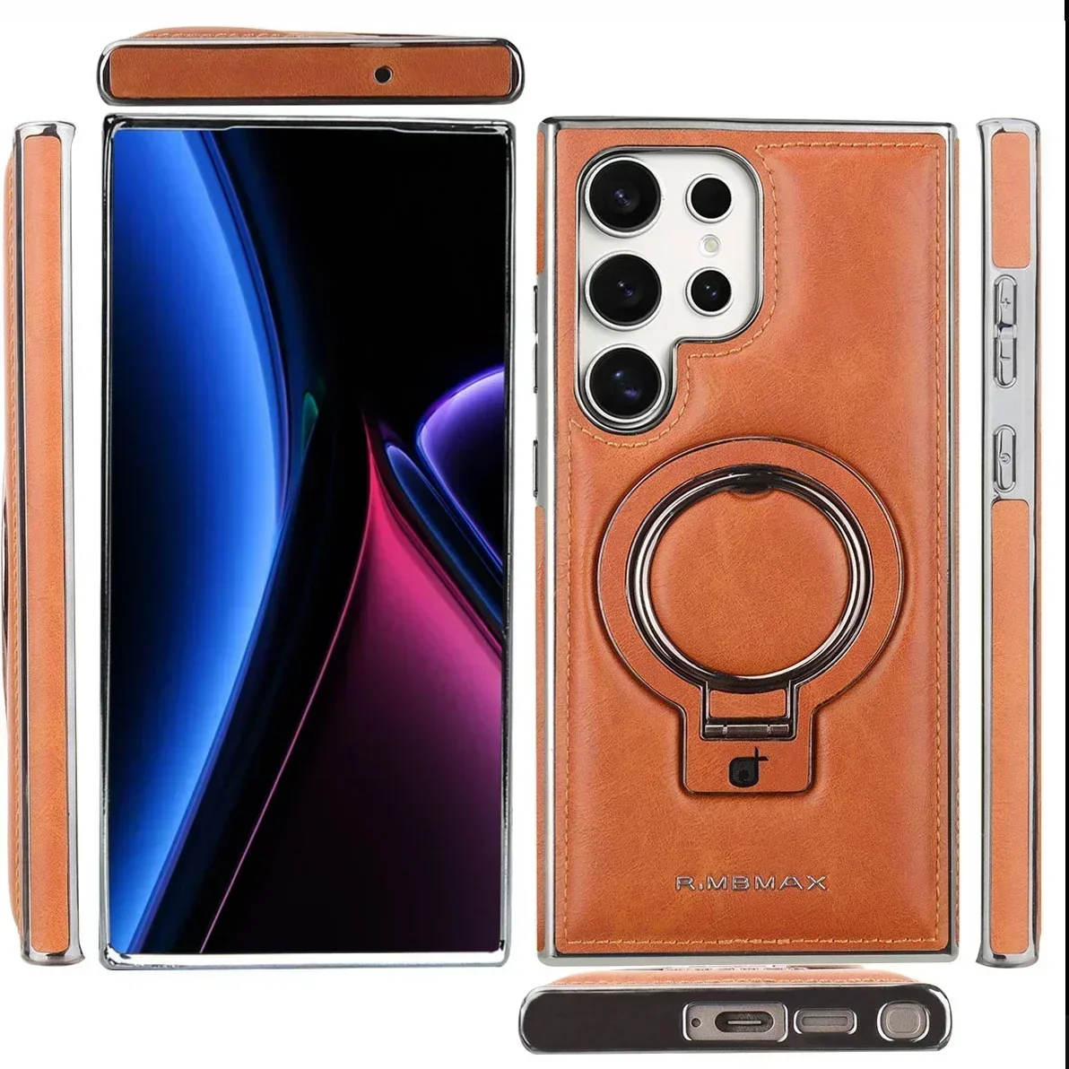 

Luxury For Samsung Galaxy S25 S24 Ultra S23 Plus Metal Bracket Matte Leather Case Magnetic Ring Holder Plating Shockproof Cover