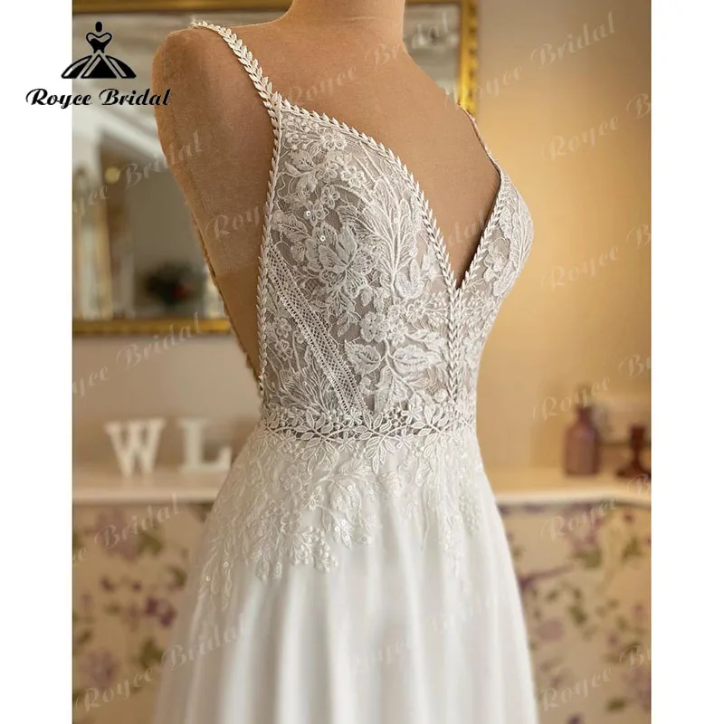 Trouwjurk Boho EINE Linie Hochzeit Kleid mit V-ausschnitt Spitze Chiffon Spaghetti-trägern Sweep Zug Brautkleid robe de soirée de mariage