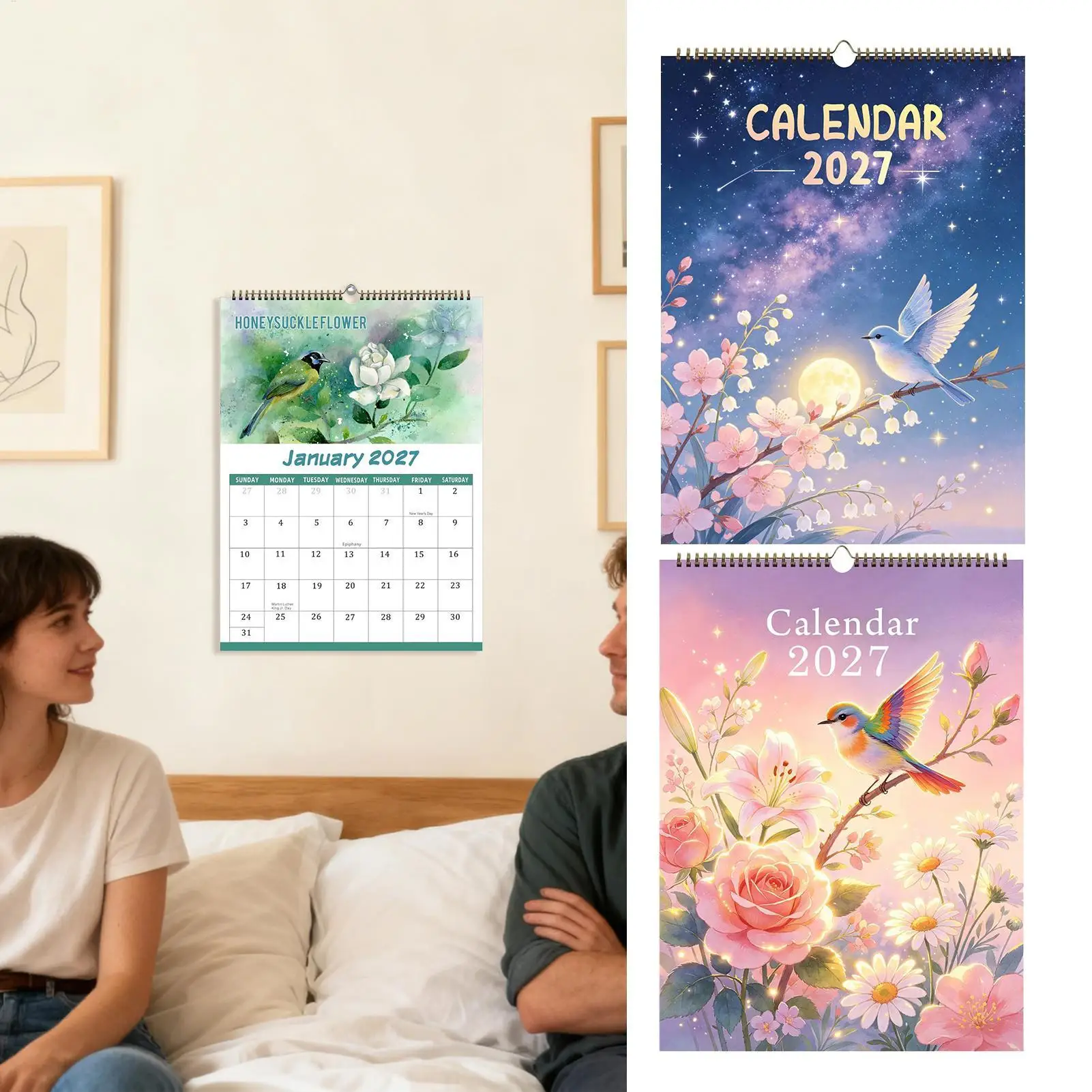 2027 Wall Calendar 12-Month Rare Bird Writing English Planner Offices Wall Calendar For Habit Health Mental Study School Task