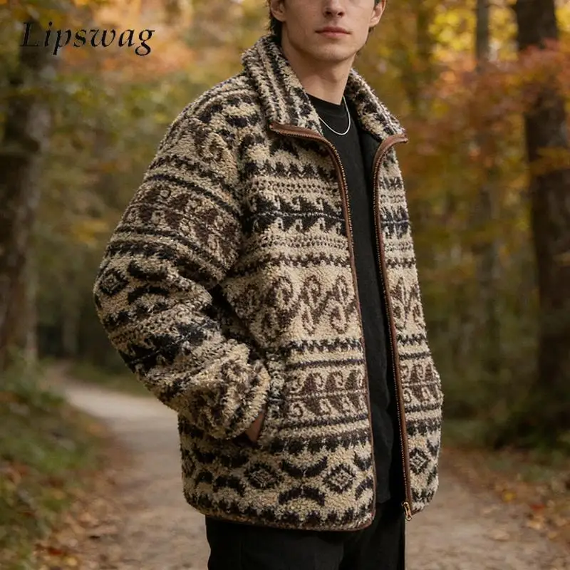 

Зимняя теплая мужская флисовая верхняя одежда, винтажная флисовая куртка на молнии с воротником-стойкой, пальто, мужские стильные флисовые кардиганы с геометрическим принтом