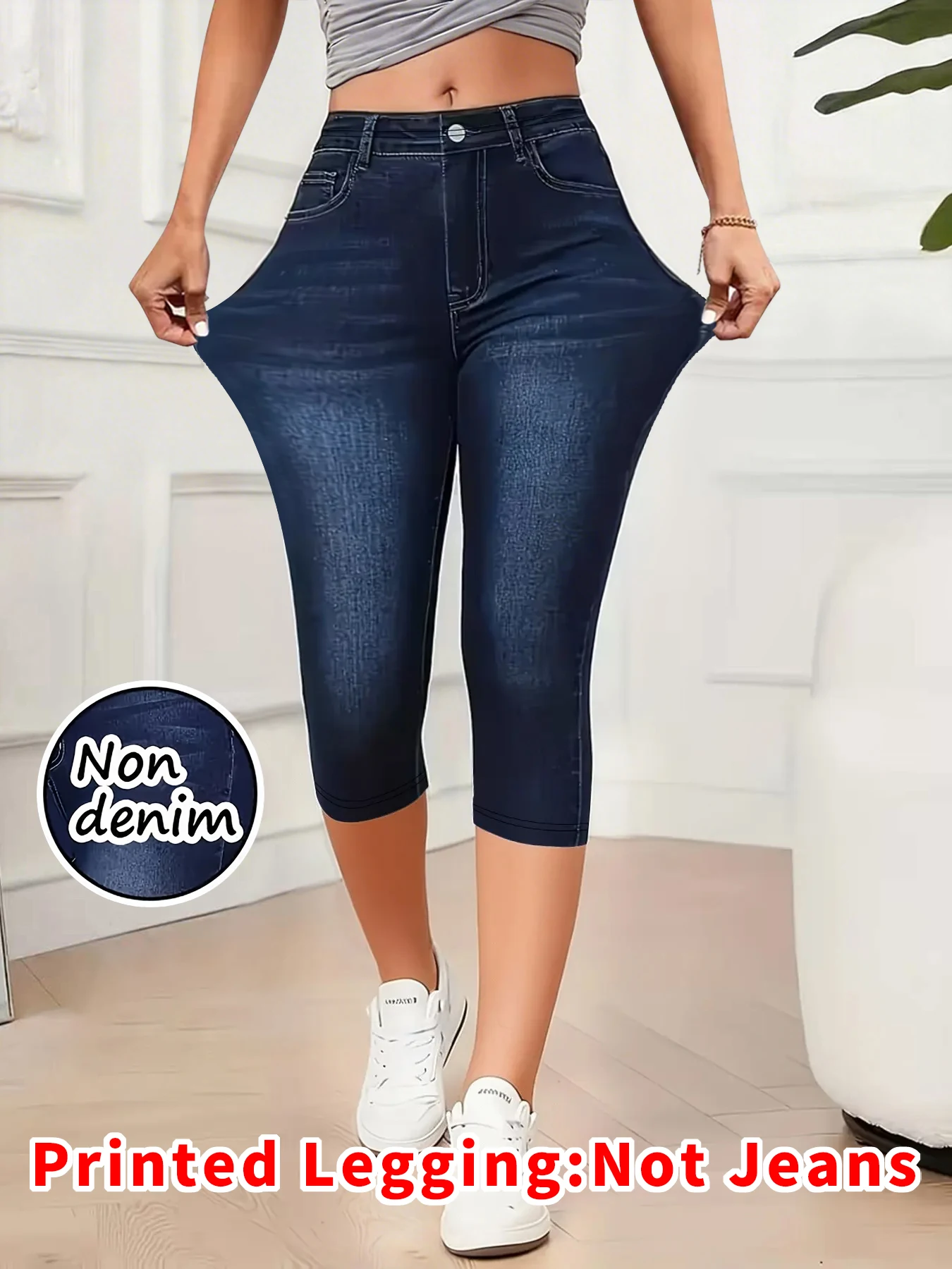 Printed Leggings - Non-Denim Fabric, Women's Summer Capri Leggings, Denim-Look Printed Leggings
