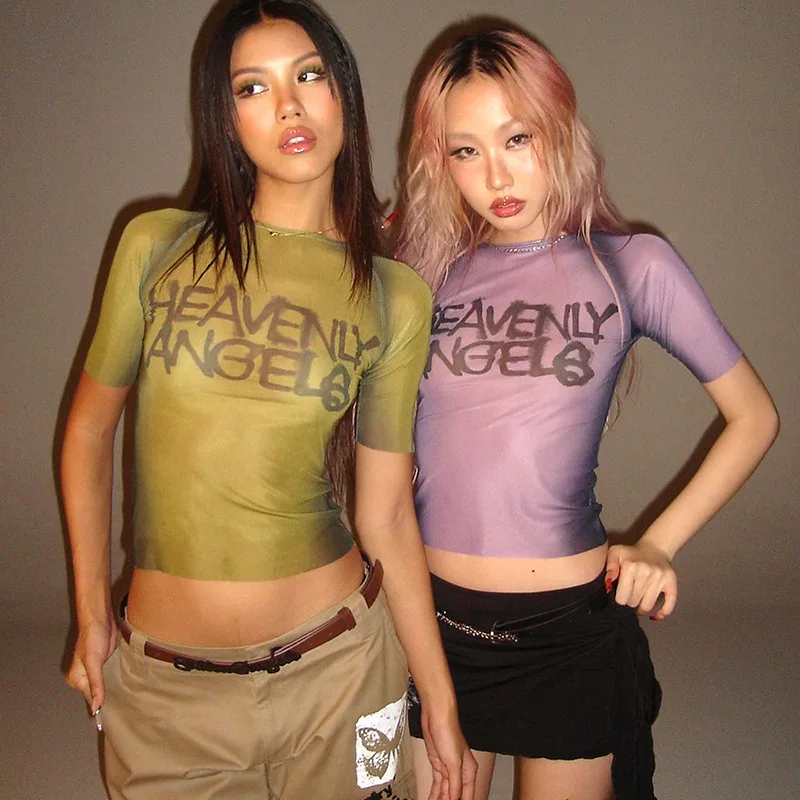 Brief Drucken Y2k Top Durchsichtig Grafik T Shirts Für Frauen Kleidung Kurzarm Ästhetischen Ropa De Mujer Dünne Sexy Streetwear – Detail 3