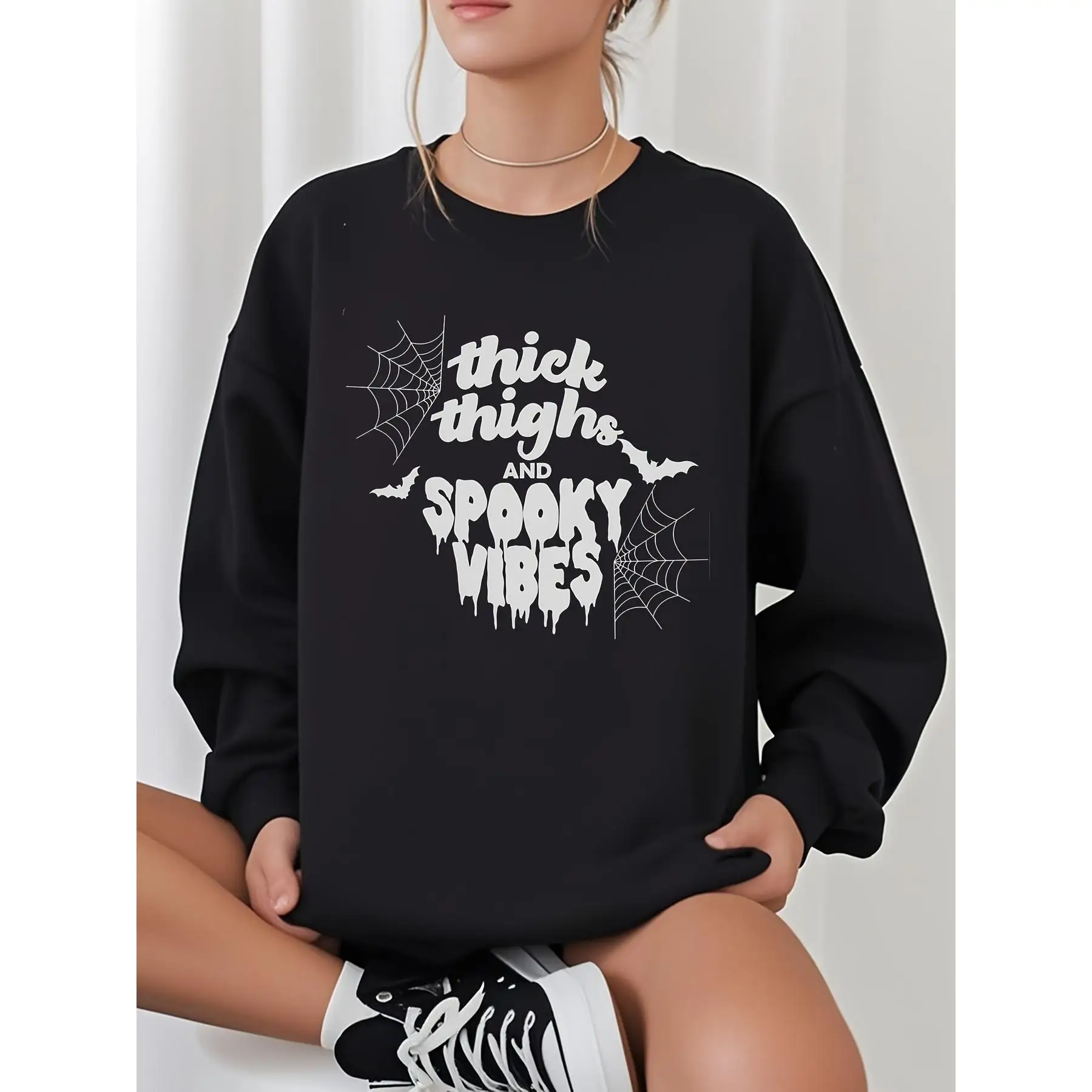 

Thick Thighs Spooky Vibes Halloween Sweatshirt Women Crewneck Jumper Oversized Funny Horror Theme Party Shirt