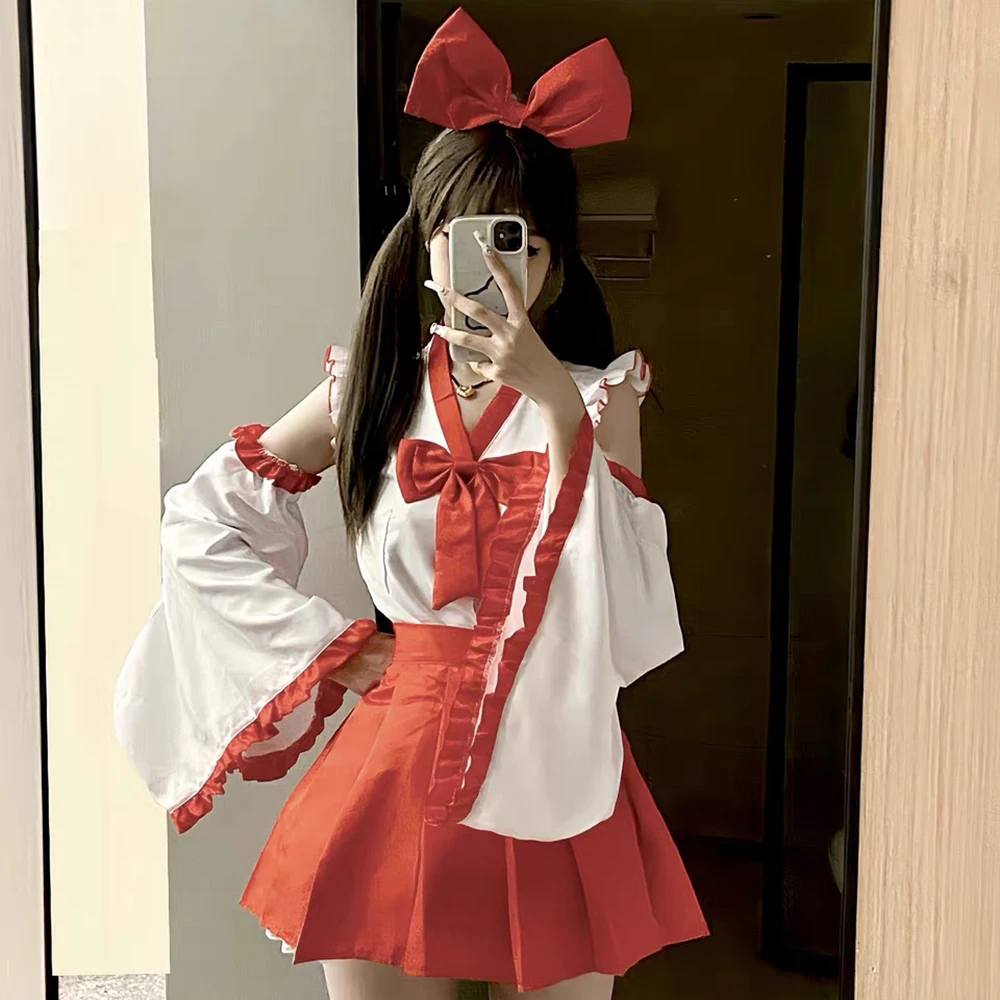 Vêtements de Cosplay de Sorcière Lolita Rouge et Blanc pour Femme, Haut et Jupe Courte, Uniforme Imbibé, Costume d'Halloween, Tenues de Mascotte