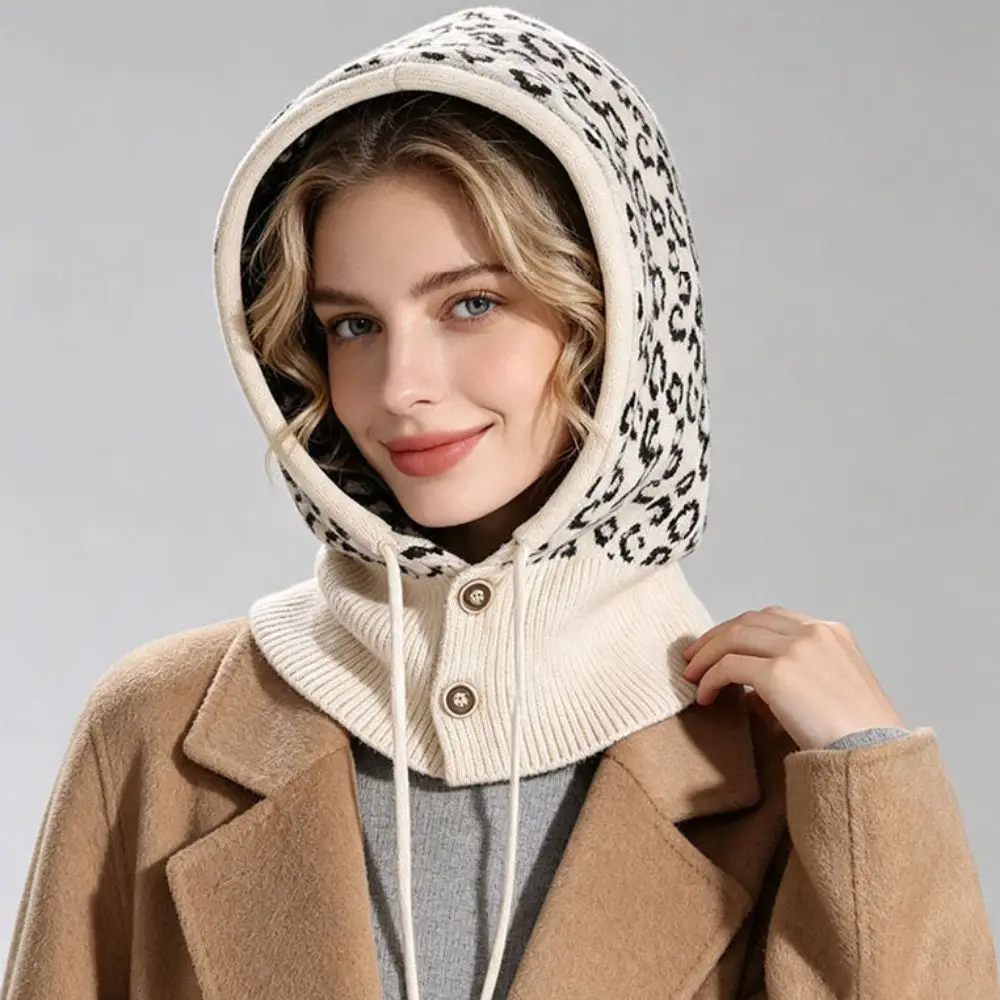 Simple Leopard Print Balaclava Hat Warm Thickened Knitted Hooded Cap Pullover Hat Scarf Ear Protection Hat Outdoor
