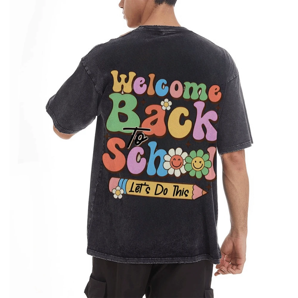 

Welcome Back to School T-Shirt Back Print Short Sleeve Y2k Casual Tops Tees Preppy School Supplies Vintage Washed Short Sleeve