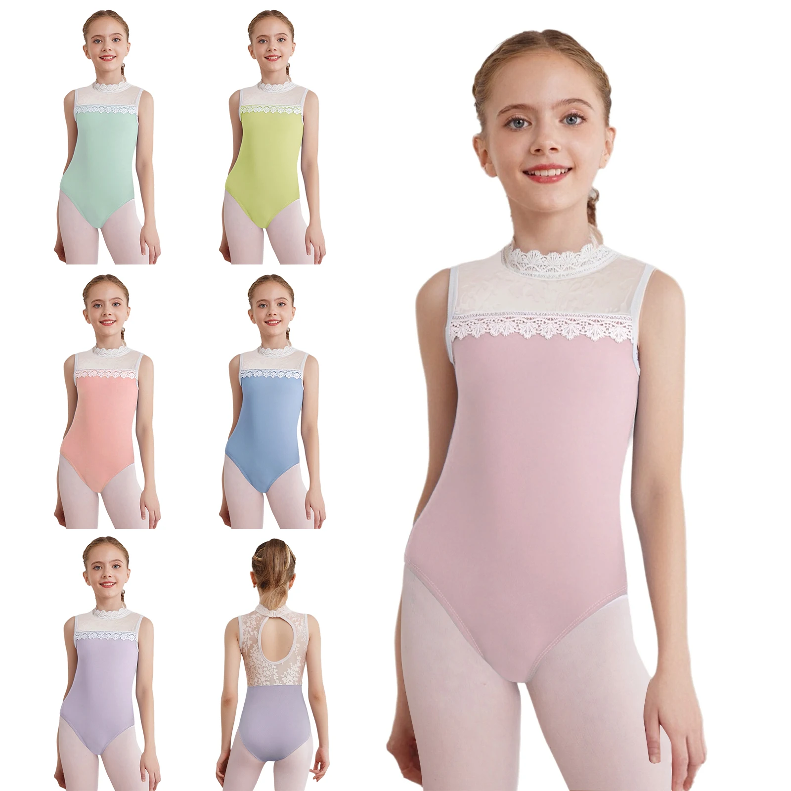 Kids Girls Lace Collar Sleeveless Dance Leotard Sheer Jacquard Mesh Patchwork Bodysuit for Ballet Dance Gymnastics Performance