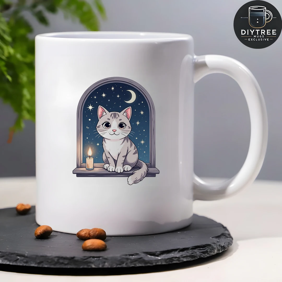 Kubek 330 ml z motywem kreskówkowego kota i konstelacji + Kubek kreatywny z motywem nocnego nieba, prezent świąteczny dla rodziny, do biura