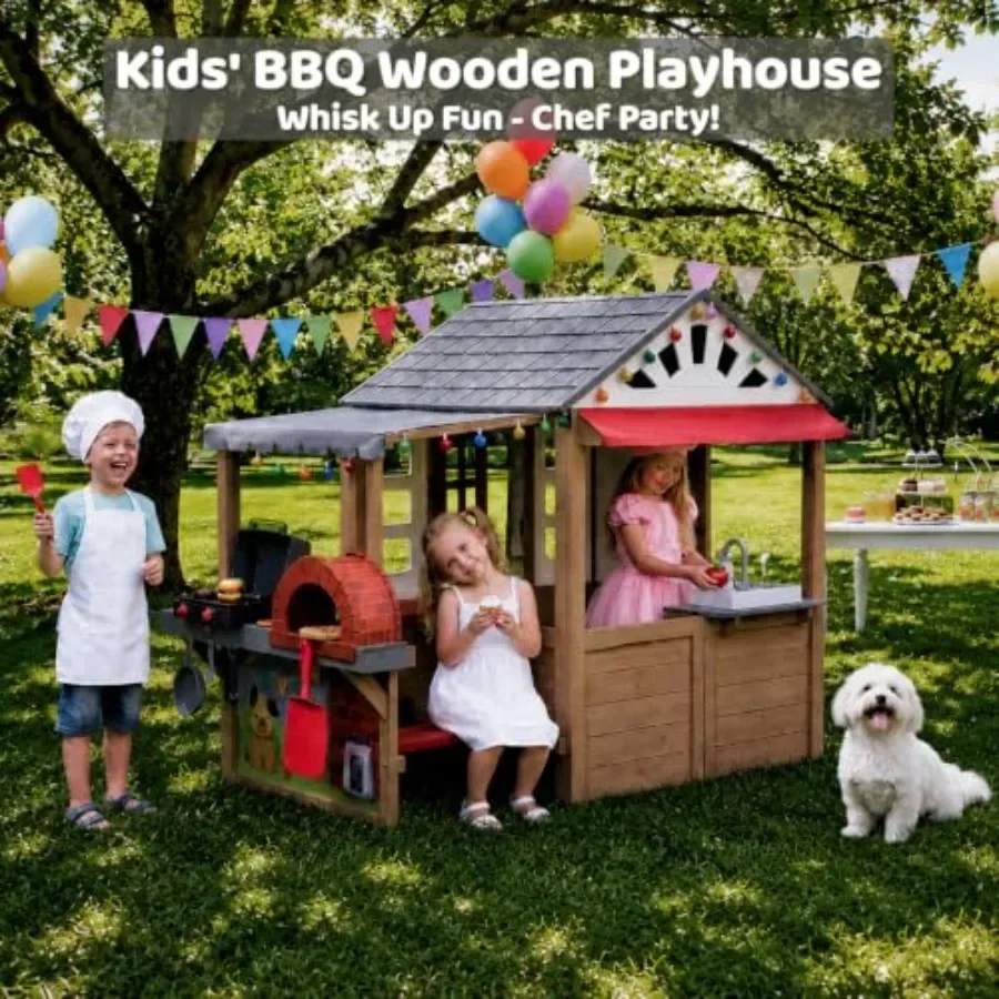 Outdoor Playhouse, en Playhouse for Ages 3-8 with BBQ Grill, Kitchen Set, Doodle Whiteboard, Picnic Table, Mail Receiver andWor