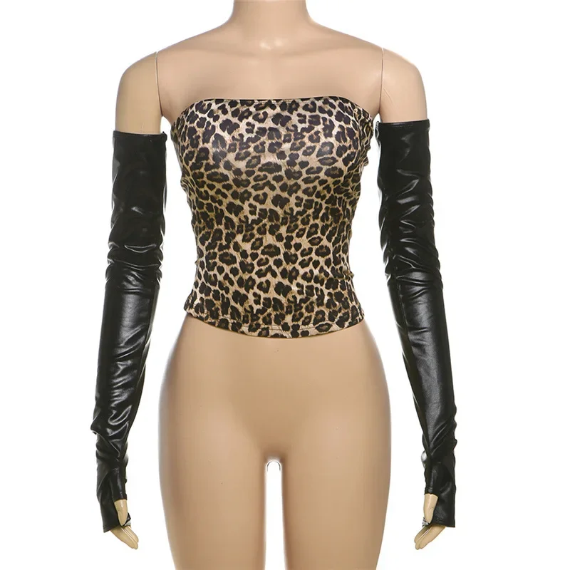 Women Sexy Leopard Print Strapless Tank Tops with PU Leather Gloves Trend Wild Backless Party Clubwear Y2K Streetwear Tees