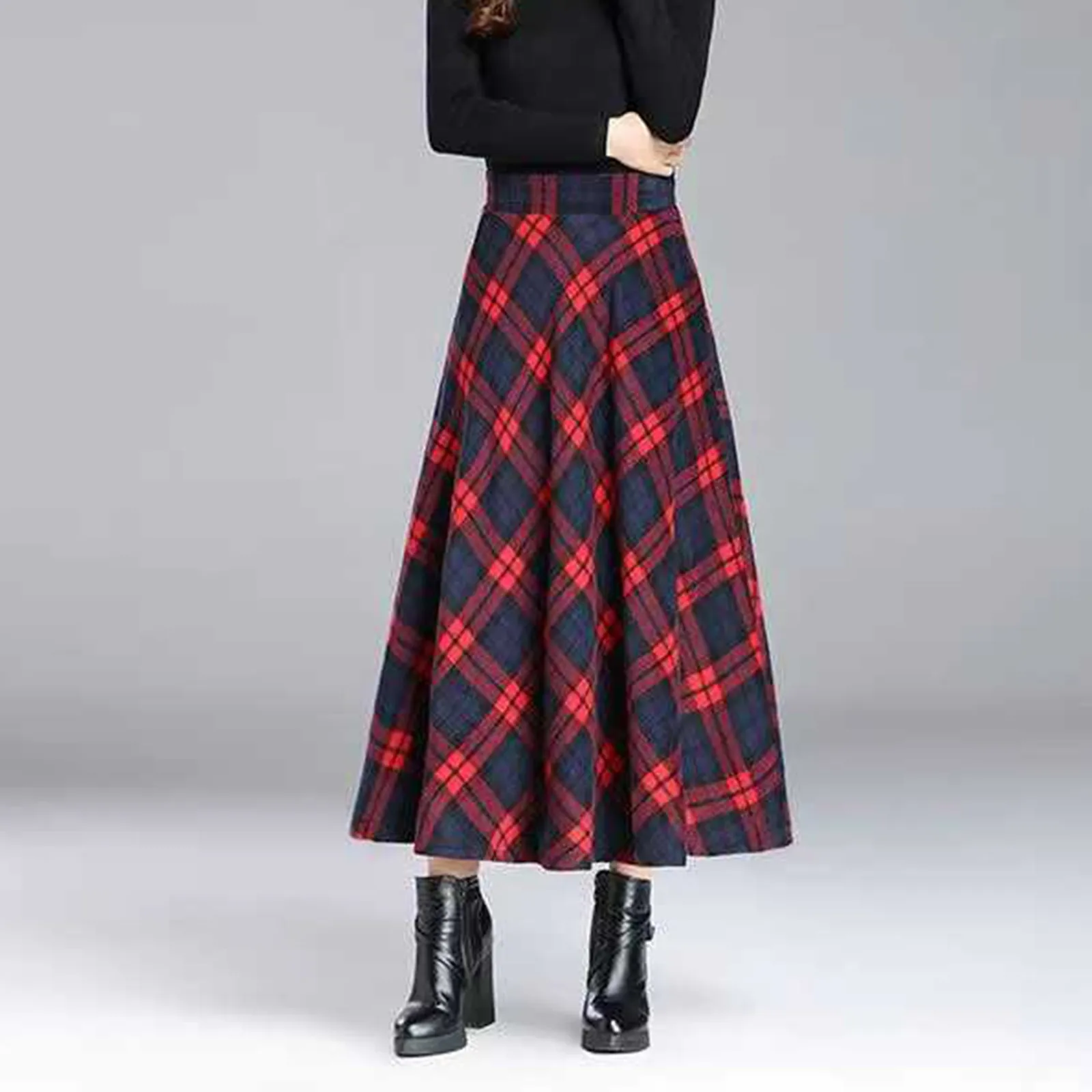 Rok wol wanita kotak-kotak pinggang tinggi elastis A Line rok panjang Tartan berlipat pakaian luar rok elegan wanita musim gugur musim dingin