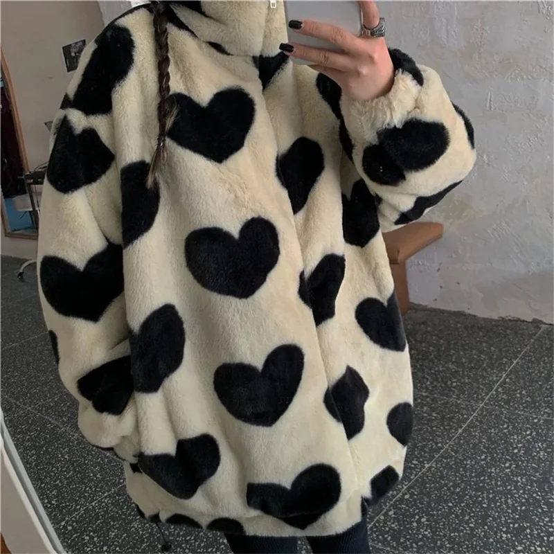 Gothic Faux Fur Coats Parkas Autumn Winter Thick Jacket Casual Fashion Lamb Fluffy Sweet Korean Loose Heart Pattern Warm Parka