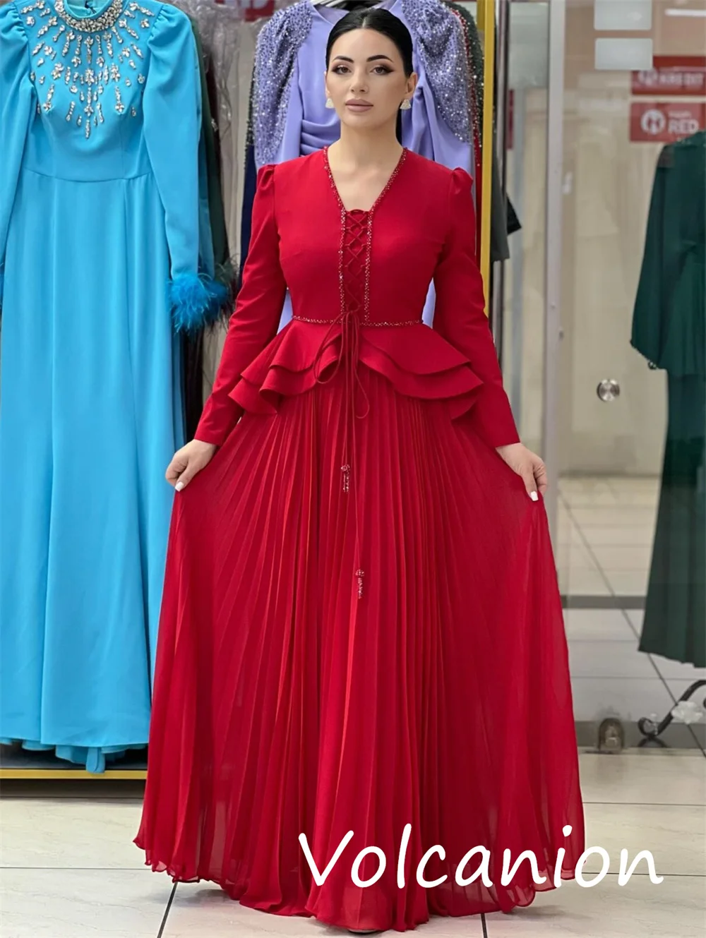Personalizado estilo chinês camisa lantejoulas plissado a linha com decote em v vestidos longos sob medida ocasião clássico correspondência