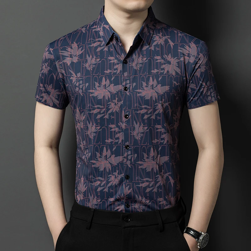 Men's Fashion Letters Seamless High Quality Clothes Summer 2024 Flowers Printing Anti- Wrikle Smooth Dress Shirt Short Sleeved