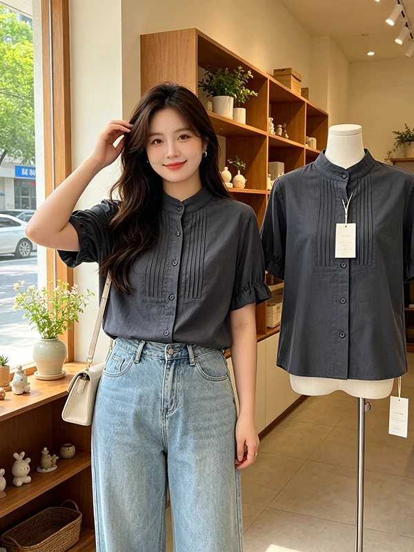 

plus Size Single Button Short Sleeve Shirt Women's Stylish Blue Fashionable Versatile Top Korean Style Commute Wind