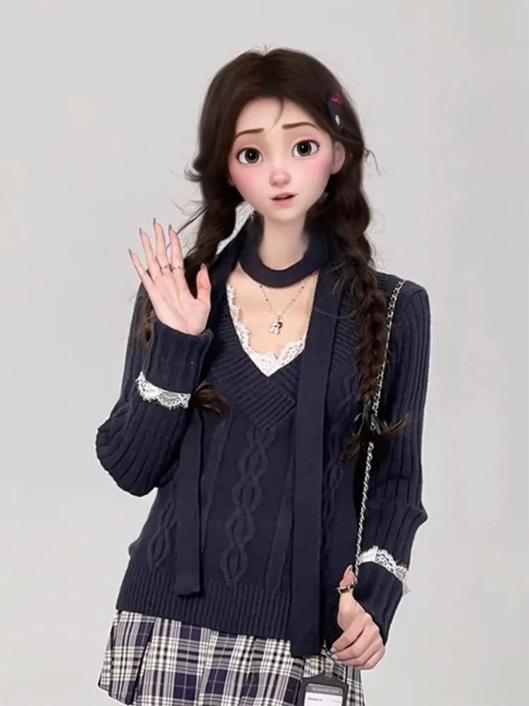 Adrette Spitze Patchwork Pullover Grunge Vintage Frauen Twist Slim Fit Pullover Herbst Y2k Ästhetische Casual Strickpullover