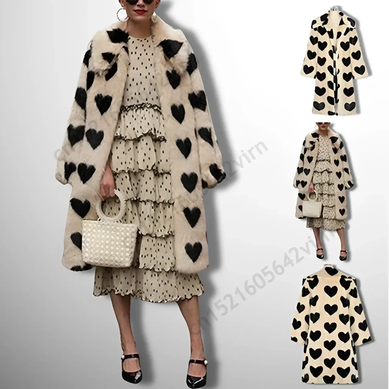 2024 Winter Fashion Week Brand Iconic Long Faux Fur Coat Women Love Heart Thick Warm Furry Fox Fur Jacket Plus Size 5XL Overcoat