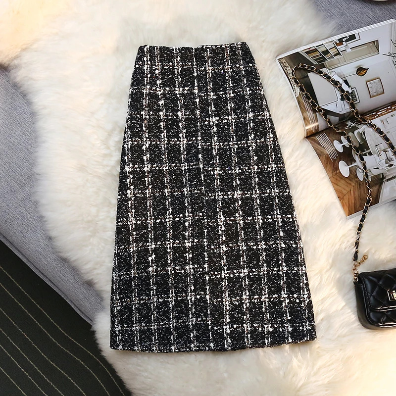 نمط Ayu الخريف الشتاء اللؤلؤ تويد الصوف تنورة المرأة طويلة عالية الخصر زر خمر تحقق H-خط تنورة Sk0582