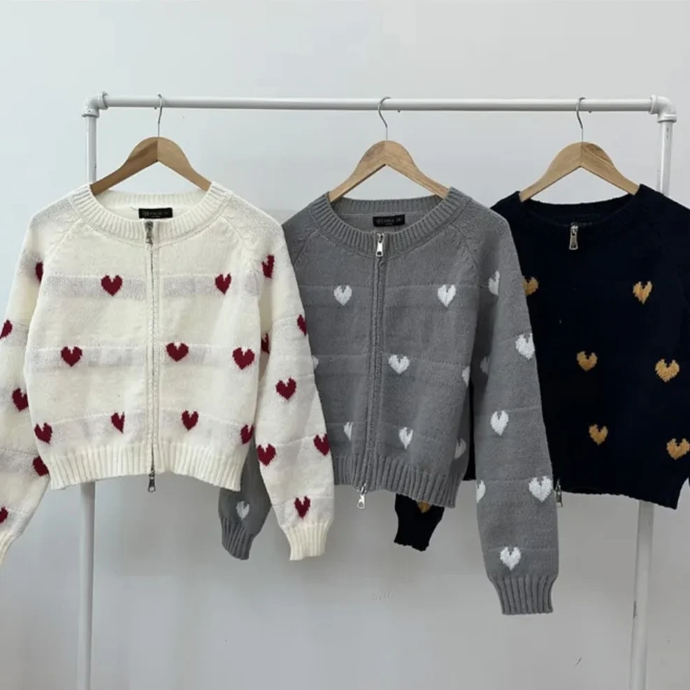 여성용 니트 지퍼 스웨터 자켓 젠틀 슬레 하트 패턴 가을 겨울 패션 다용도 소프트 디자인 센스 탑