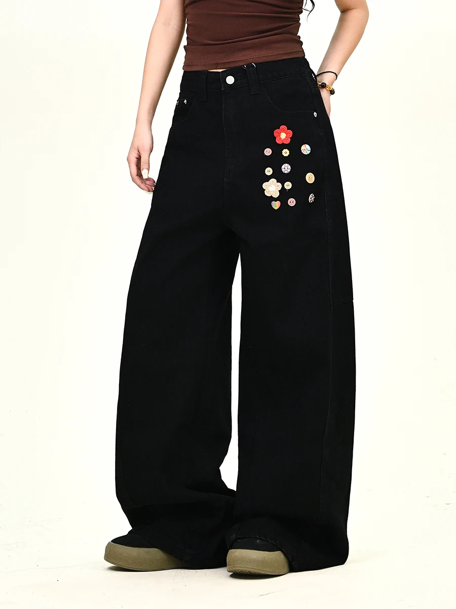 

Широкие джинсы с цветочной вышивкой Bla, женские повседневные свободные джинсы в корейском стиле, уличная одежда, осенняя новинка