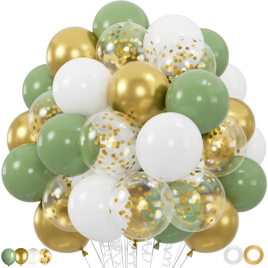 100 pçs balões brancos de ouro verde salvia 12 polegadas verde oliva e ouro confetes balões de látex para aniversário chá de bebê gênero revelar