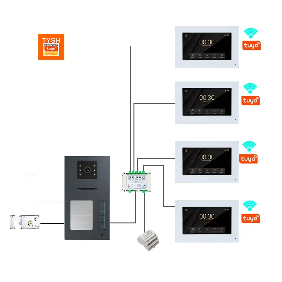 TYSH Smart WiFi Doorbell Camera Tuya App Video Intercom 4 Unit Family Multi Apartments Video Door Phone Intercom System