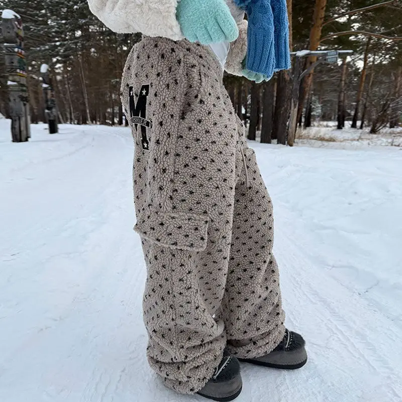 Deeptown Vintage Polka Dot Women Lamb Wool Pants Embroidery Wide Leg American Style Straight Fleece Trousers Baggy Thick Winter