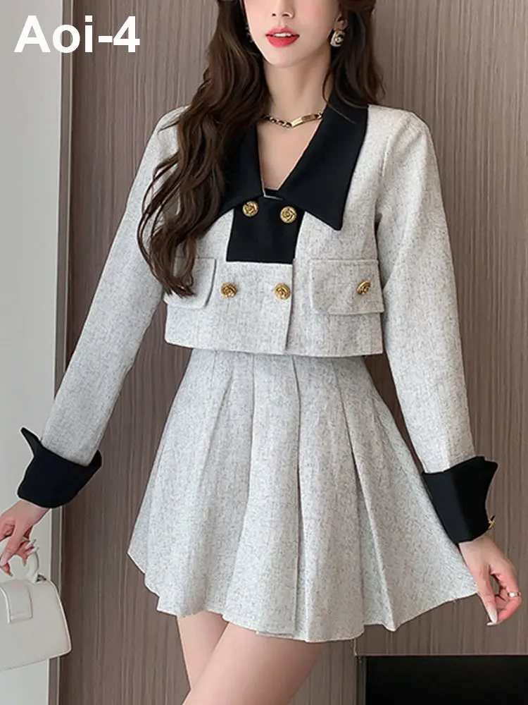 

Contrast Color Stitching Suit Women's 2023 Spring Autumn Doll Collar Button Long-Sleeved Short Coat+Pleated Skirt Two-Piece Set