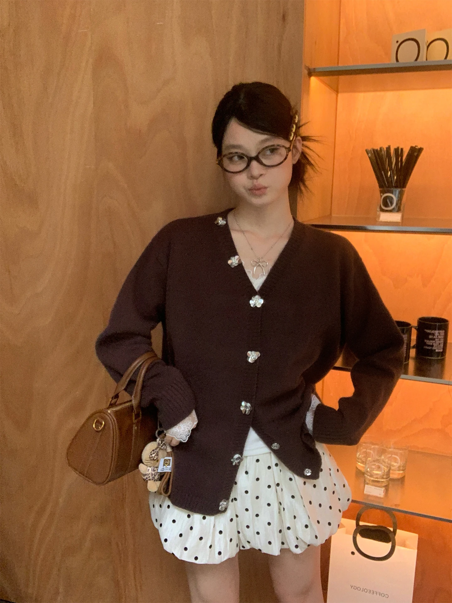 

Sung Zhengen Coffee Knitted Open Cardigan Women's Autumn Winter Miu Sle Vintage Loose Faionable Sweater Top Trendy