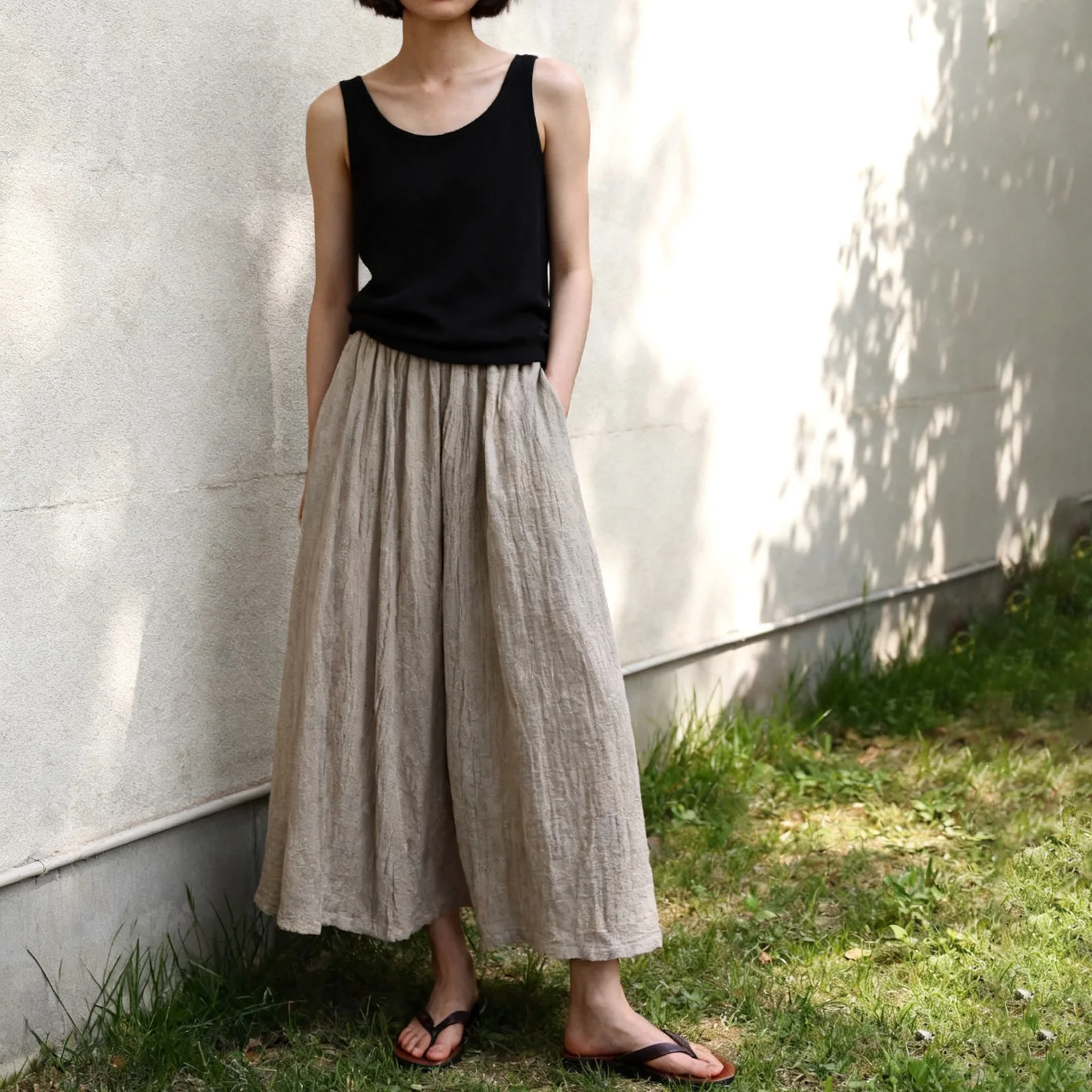 Women Cotton Ramie Skirts New Summer Chinese Style Elastic Waist Solid Color Soft Female Loose A-Line Skirts