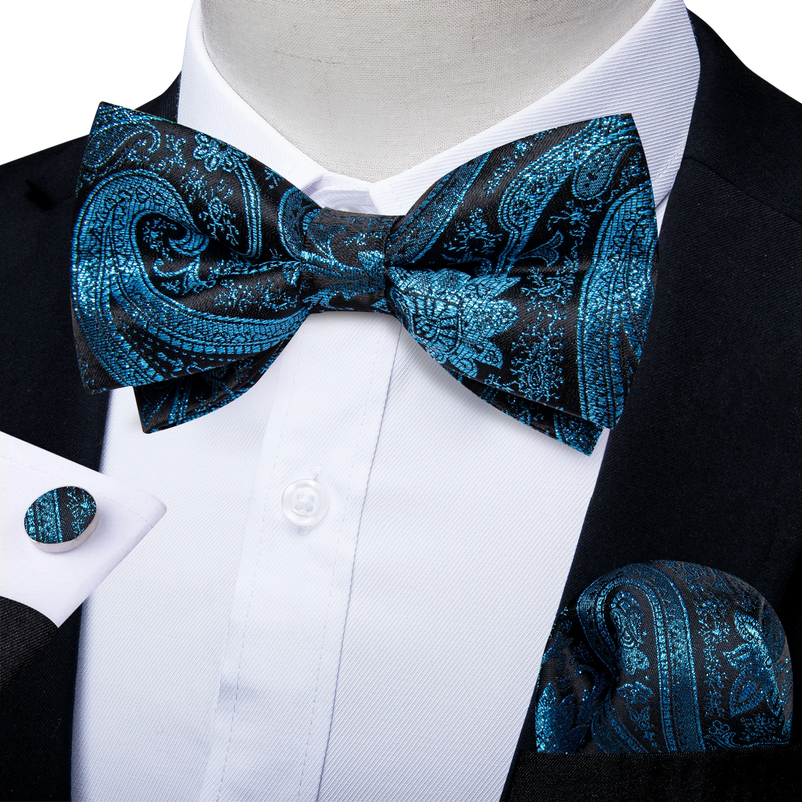 

Blue Black Men's Bowtie and Handkerchief Cufflinks Set for Shirt Accessories Luxury Paisley Bow Tie for Man Knots Wedding Party