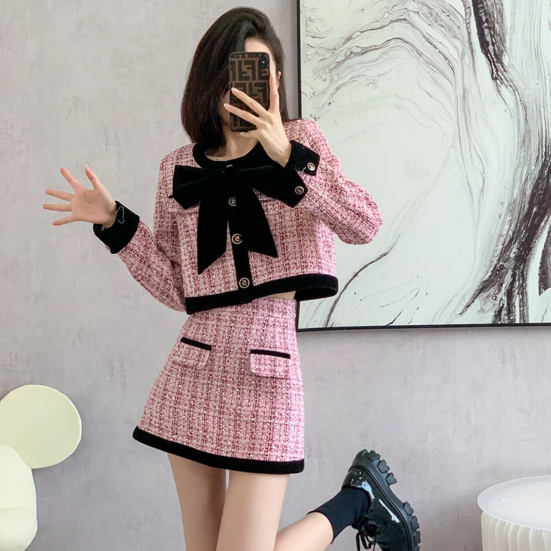 French Small Fragrance Autumn and Winter Tweed Two Piece Plaid Ladies Bow Short Coat + High Waist Mini Skirt Women Elegant Suit