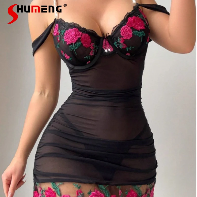 

Прозрачные сетчатые ночные рубашки с вышивкой, женские тонкие ночные рубашки с цветочным принтом Pure Desire, женское летнее сексуальное нижнее белье для отдыха