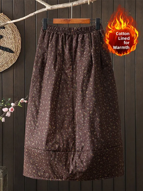 Jupe rétro en coton et lin à fleurs, jupe à bourgeons de fleurs artistiques, taille élastique, grande taille, jupe trapèze décontractée pour femmes