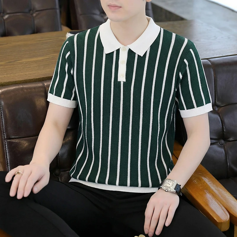 Viscose Blends Stretchy Men's Polo Shirts Short Sleeve Knitwear Summer Quality Soft Comfortable Striped Casual Camisas Masculina