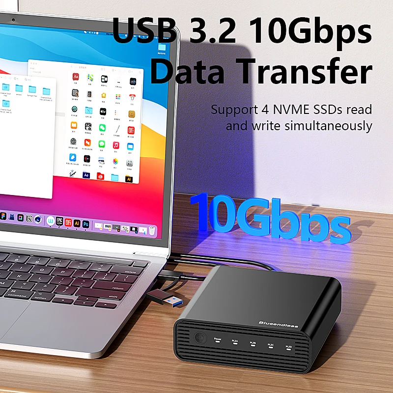 Blueendless Aluminum M2 4-Bay External PCIe NVME SSD Enclosure USB C 3.2 Gen2 10Gbps TO Nvme Adapter SSD Case with Cooling Fan