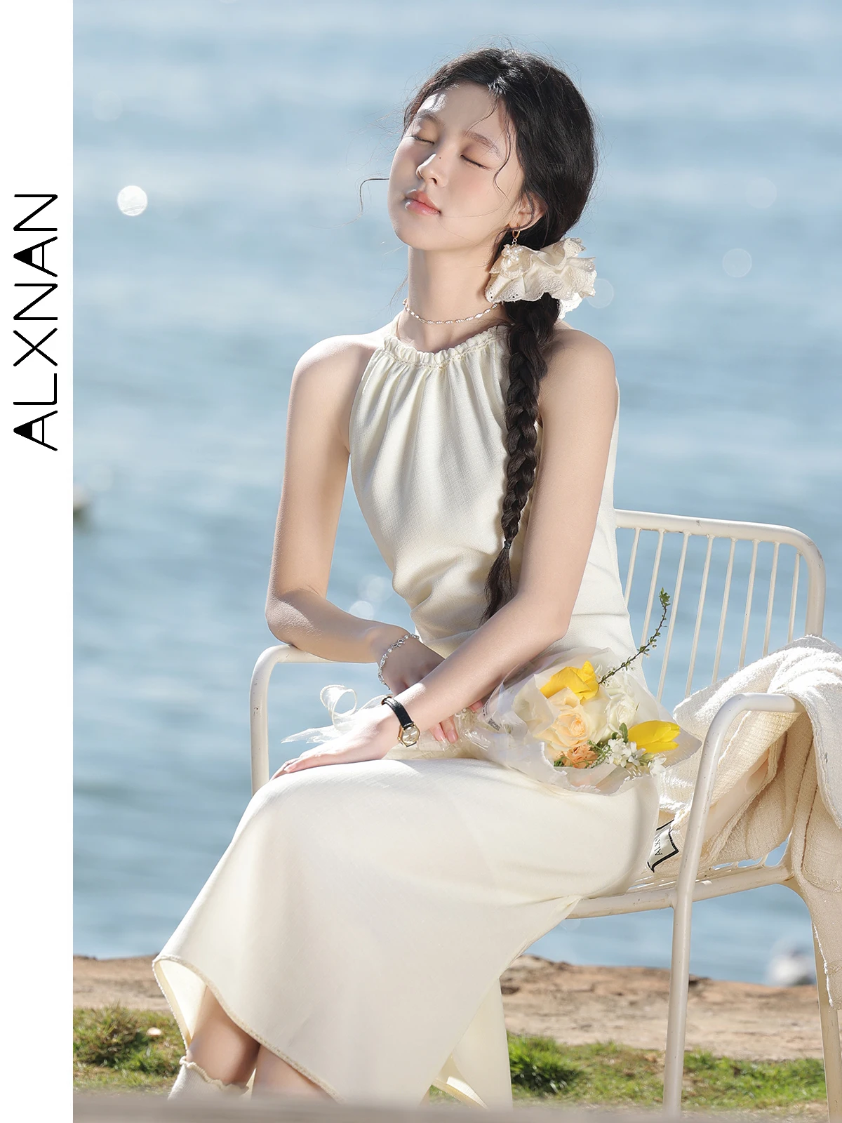 ALXNAN Apricot Long Women's Suspenders Dresses 2025 Spring New Solid Holiday Beach Elegant Dress Folds Waist Slim Dresses L52927