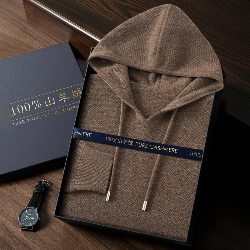 Autumn Winter New Men's Hoodie 100% Pure Cashmere Knitted Pullover Sweater Casual Men's Clothing Warm Soft Luxury Knitted Sweate