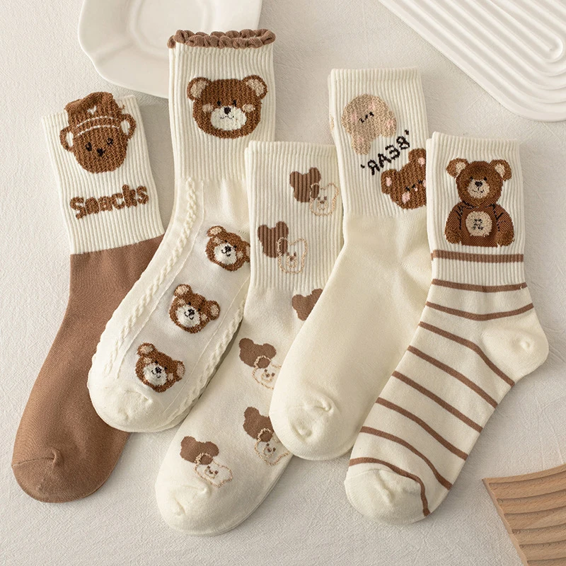 Japan Harajuku Style Cartoon Creative Striped Bear Socks Kawaii Print Funny Girl Socks Fashion Skateboard Woman Socks