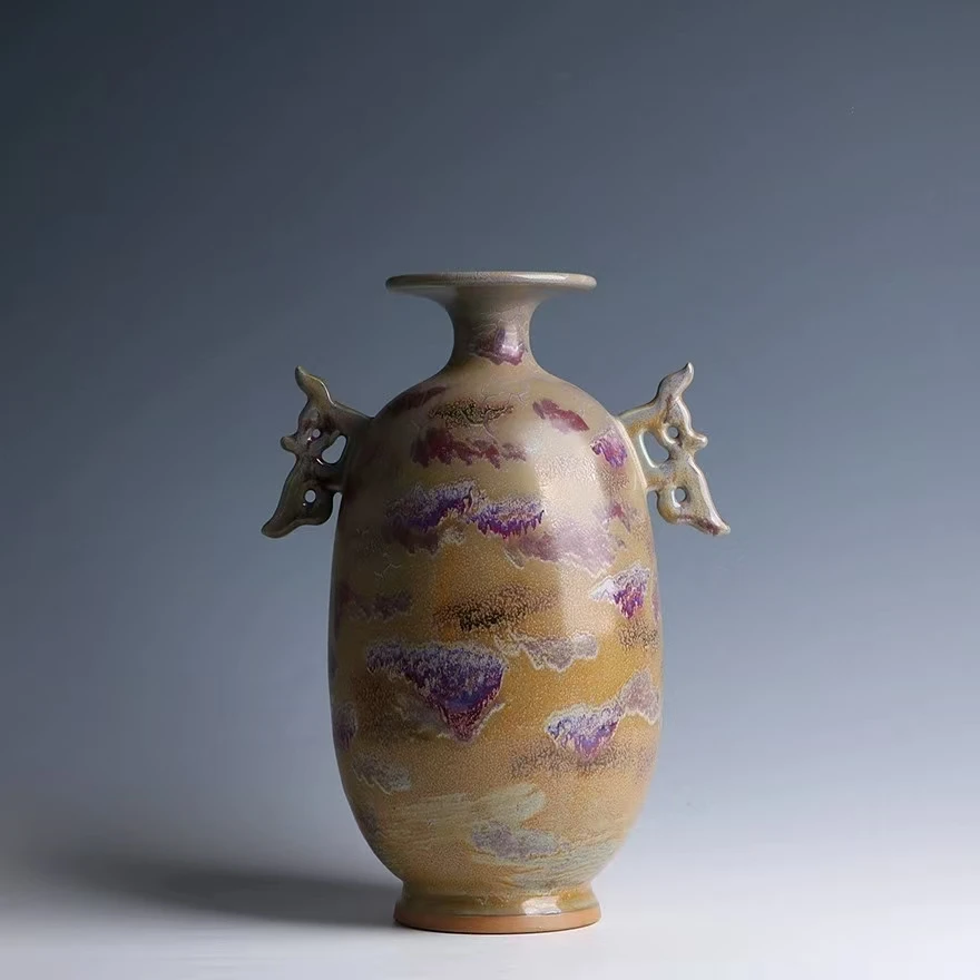 Jun Kiln Jun Porcelain Auspicious Harvest Golden Autumn Coiled Mouth Double Crane Vase Home Life Vase Ornament
