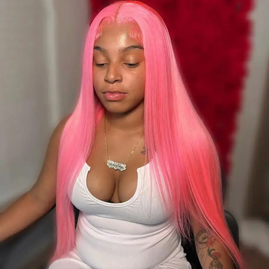 Pink Lace Front Wigs Human Hair Straight Lace Frontal Wig For Women 13x4  Transparent Pre Plucked Colored Pink Wig