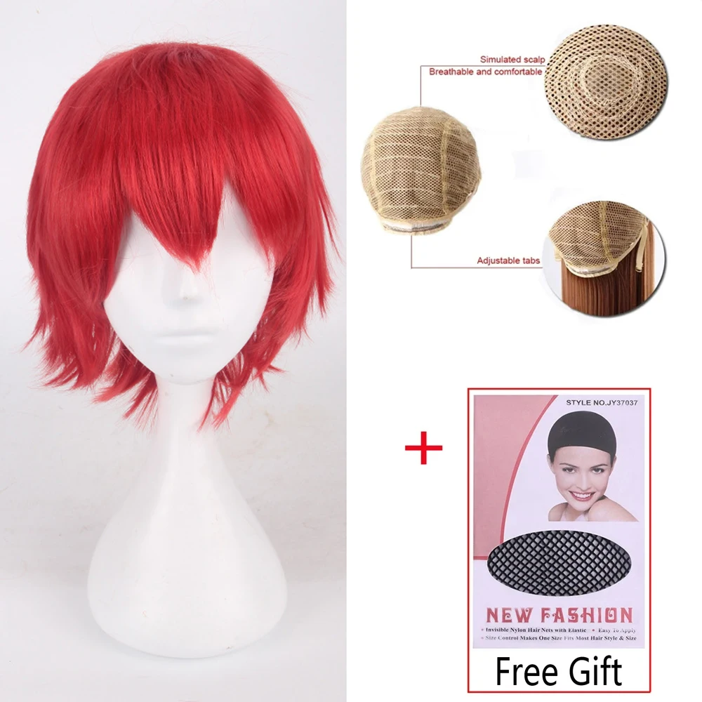 Wig Cosplay Sintetis Rambut Pendek Berbulu Universal 30Cm Hitam Merah Muda Kostum Pelajar Pesta Anime Bernapas Ringan + Topi Wig