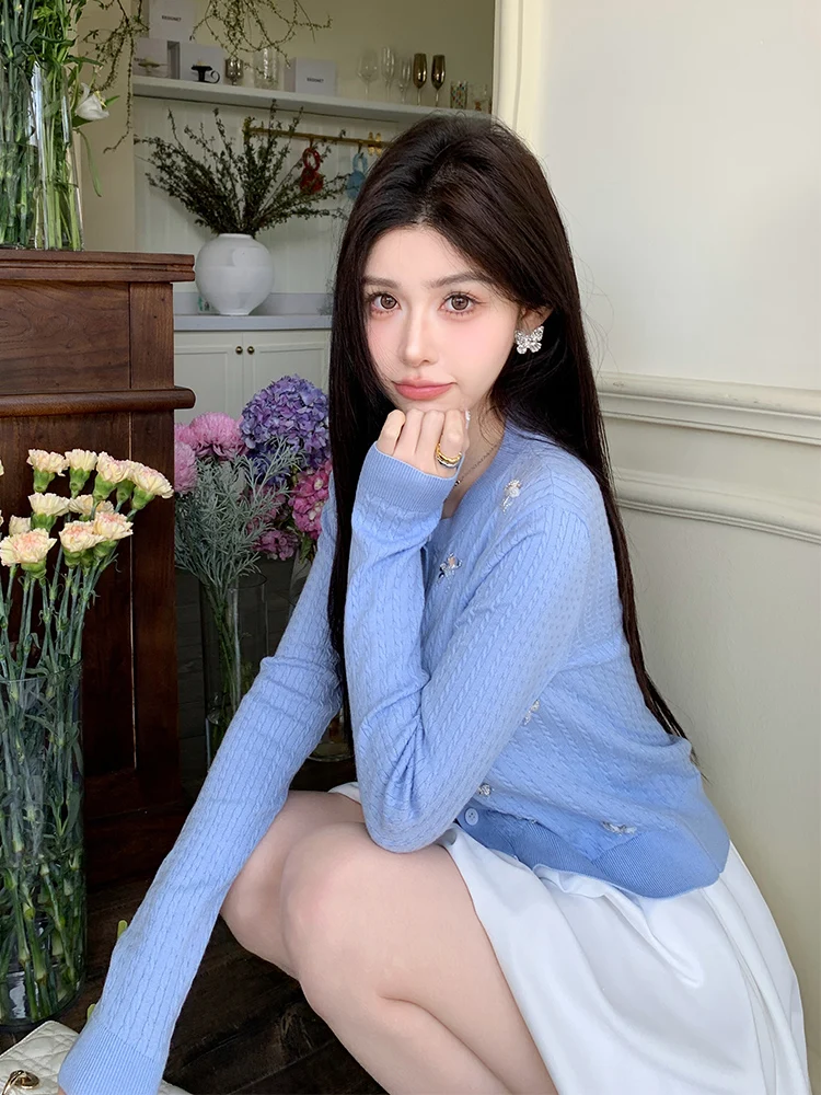 

Light Blue Long Sve Knitted Cardigan Women's Outerwear Princ Sle Sweet Wind Regular Fit Wool Blend Spring Cardigan