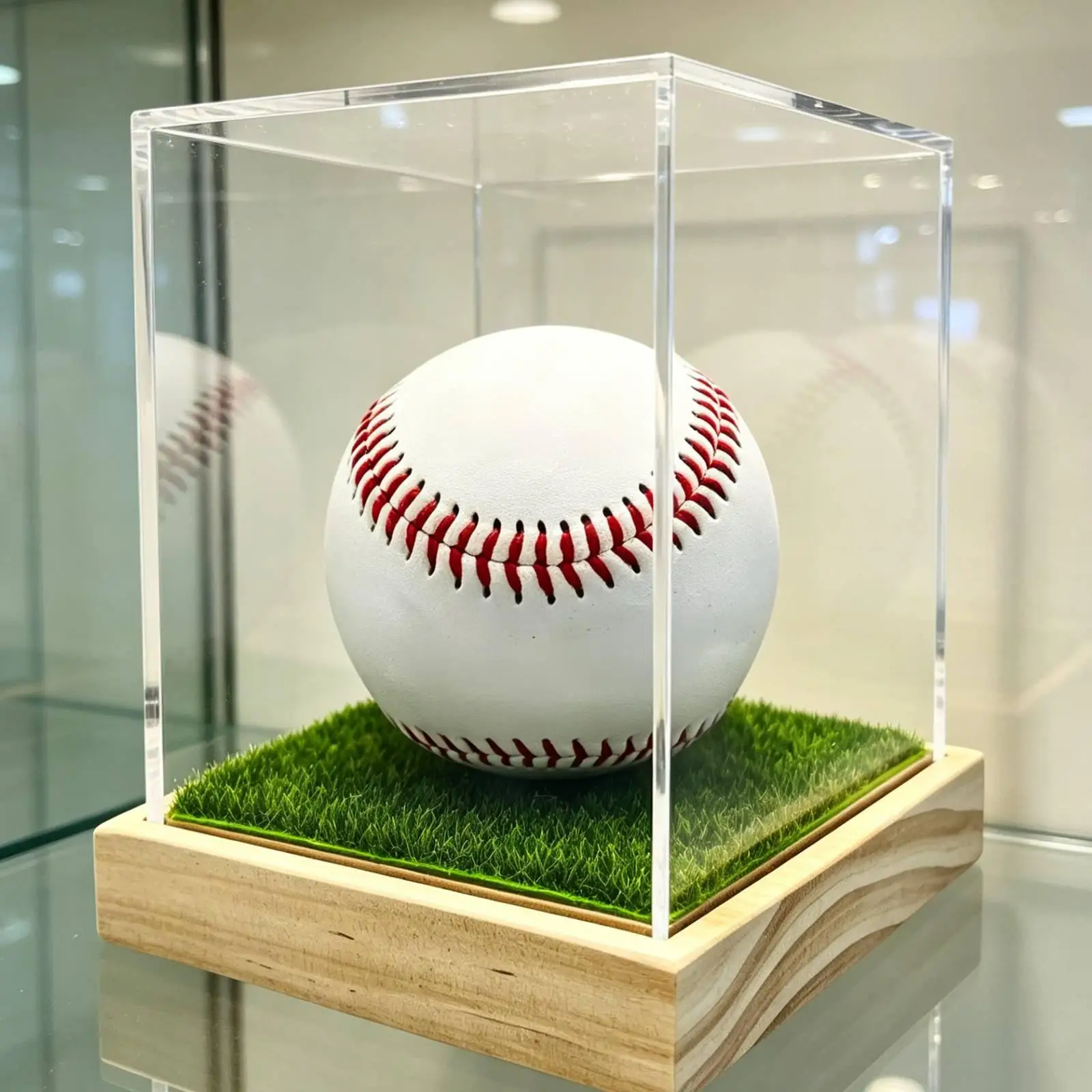 Baseball Holder Stand Cube Clear Acrylic Protector Display Case with Wooden Base for Official Ball Display