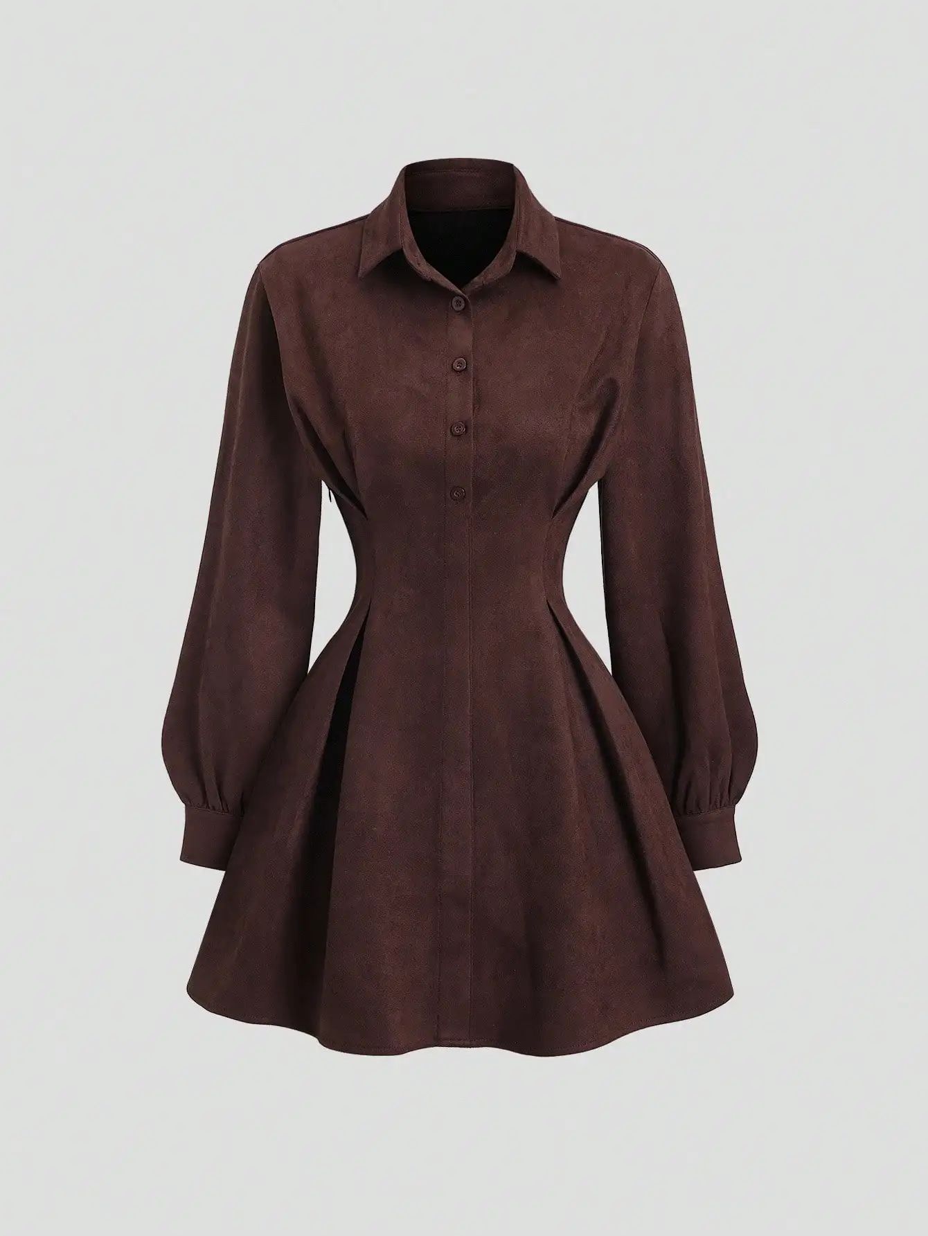 

Женское замшевое мини-платье А-силуэта с рюшами на талии, длинными рукавами-фонариками, пуговицами спереди, для весенне-осенних путешествий и колледжа