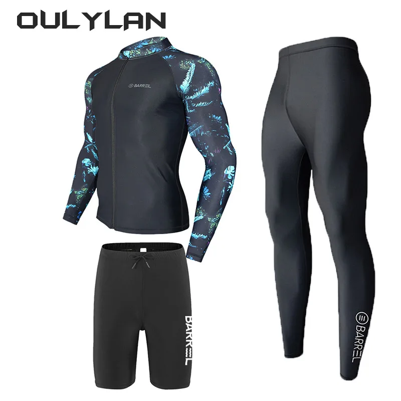 Oulylan Rash Guard da uomo in 2-3 pezzi con pantaloncini da ragazzo costume da bagno con cerniera a maniche lunghe costume da bagno muta Beachwear